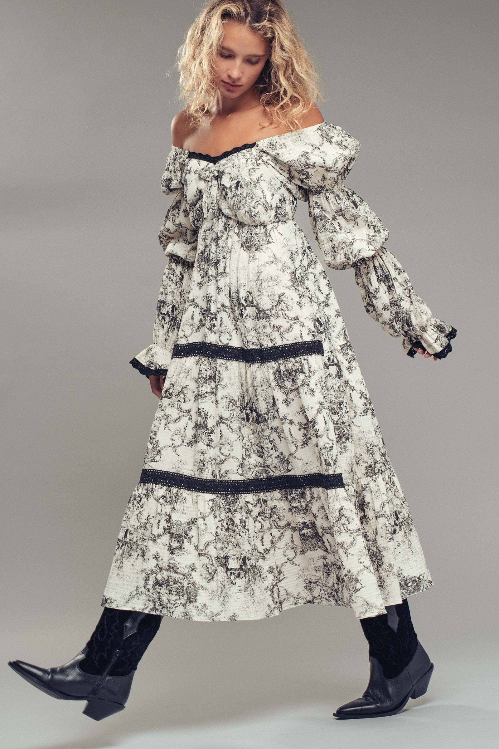 Off-Shoulder Tiered Puff Sleeve Midi Dress