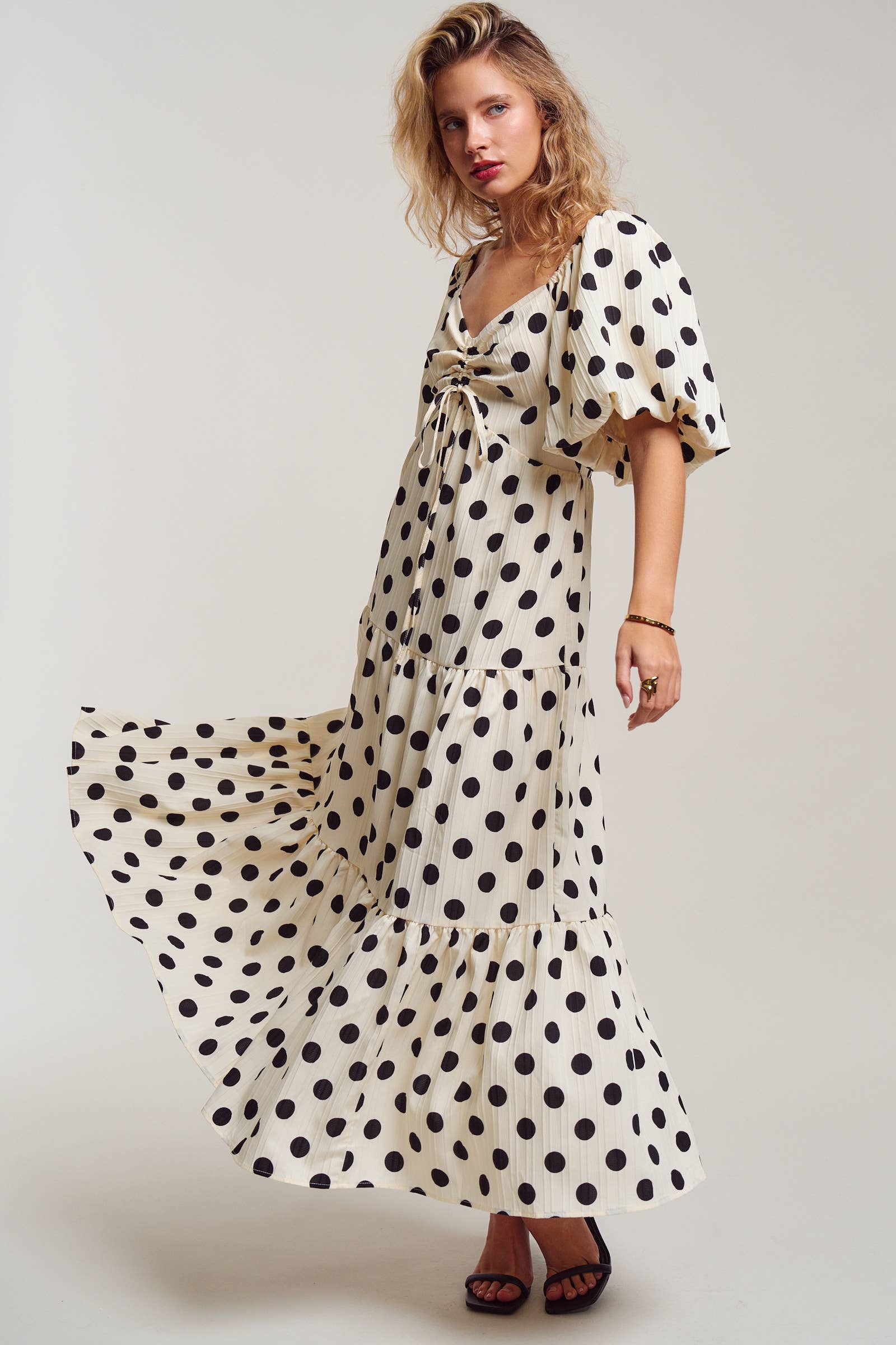 Textured Polka Dot Tie-Front Puff Sleeve Maxi Dress