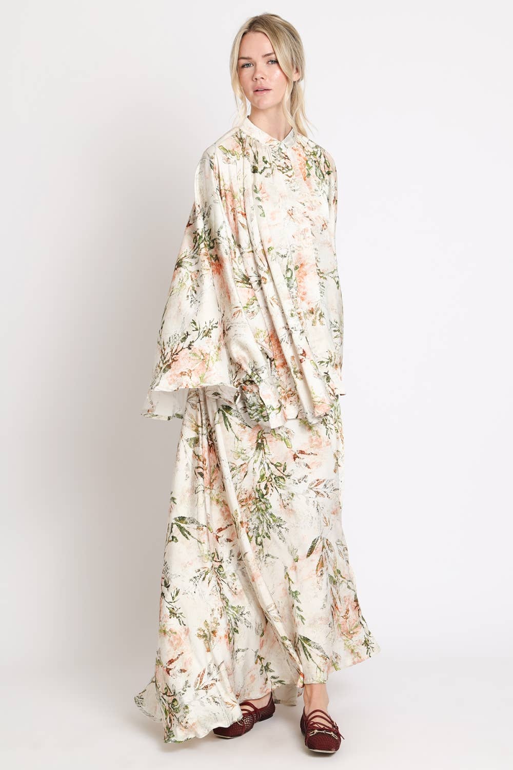 Watercolor Floral Printed Satin Tunic & Skirt Set