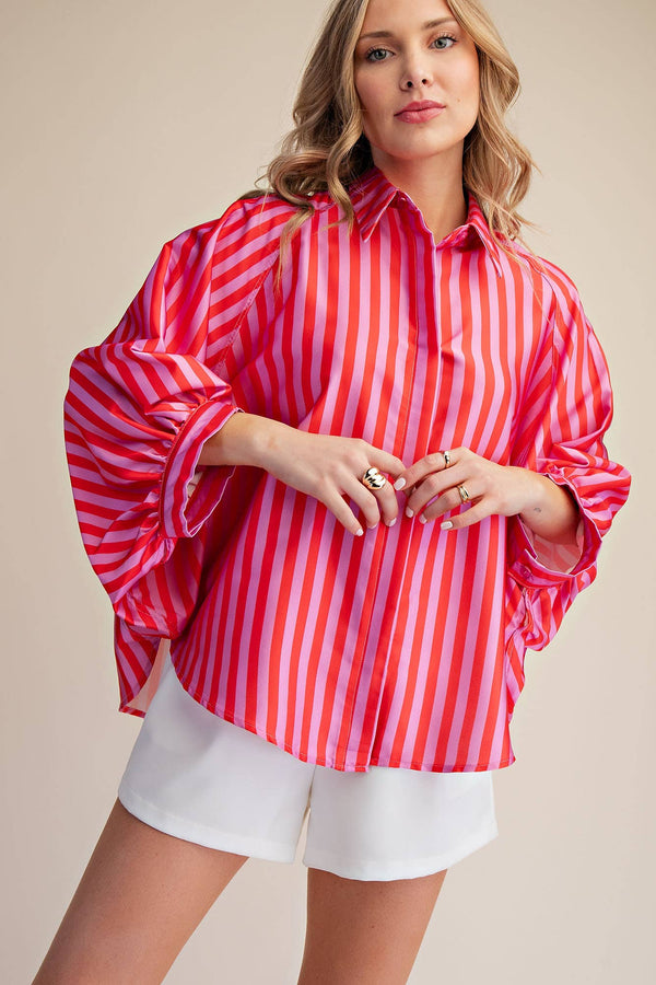 Oversized Shirt With Balloon Sleeve - Stripe