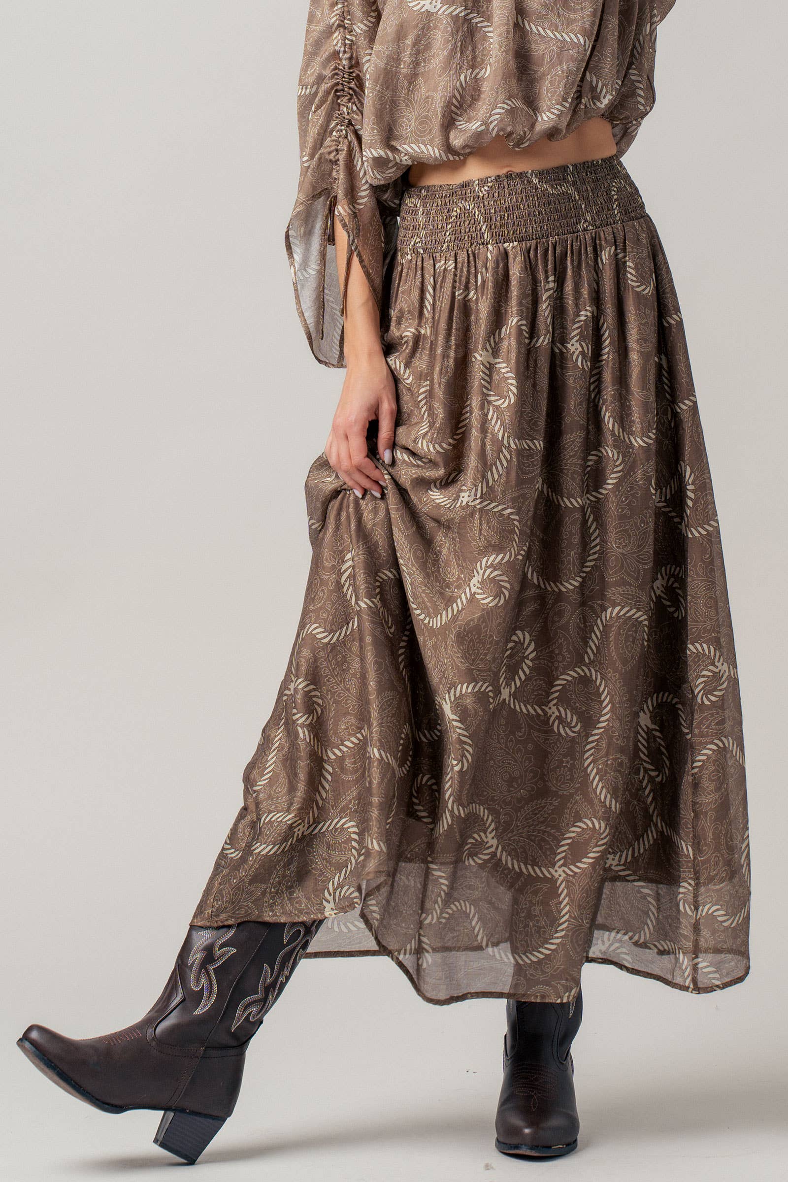 Rope Print Smocked Waist Maxi Skirt Linen Silk
