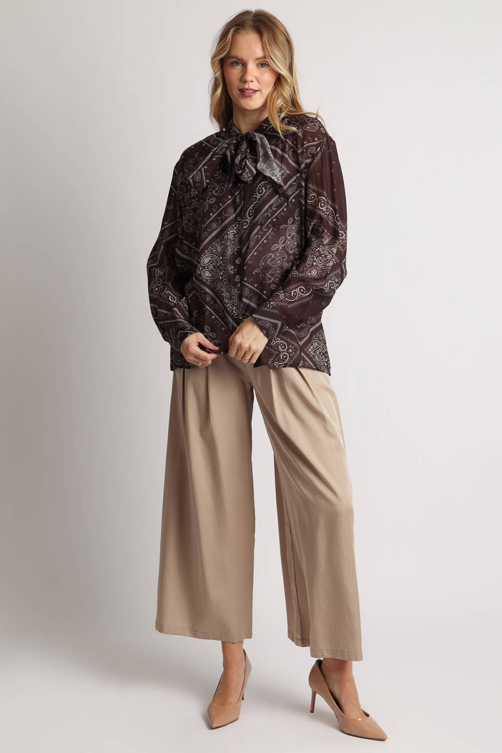 Paisley Allover Printed Bowtie Neck Blouse