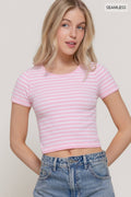 Crew Neck Stripe Seamless Rib Knit Top
