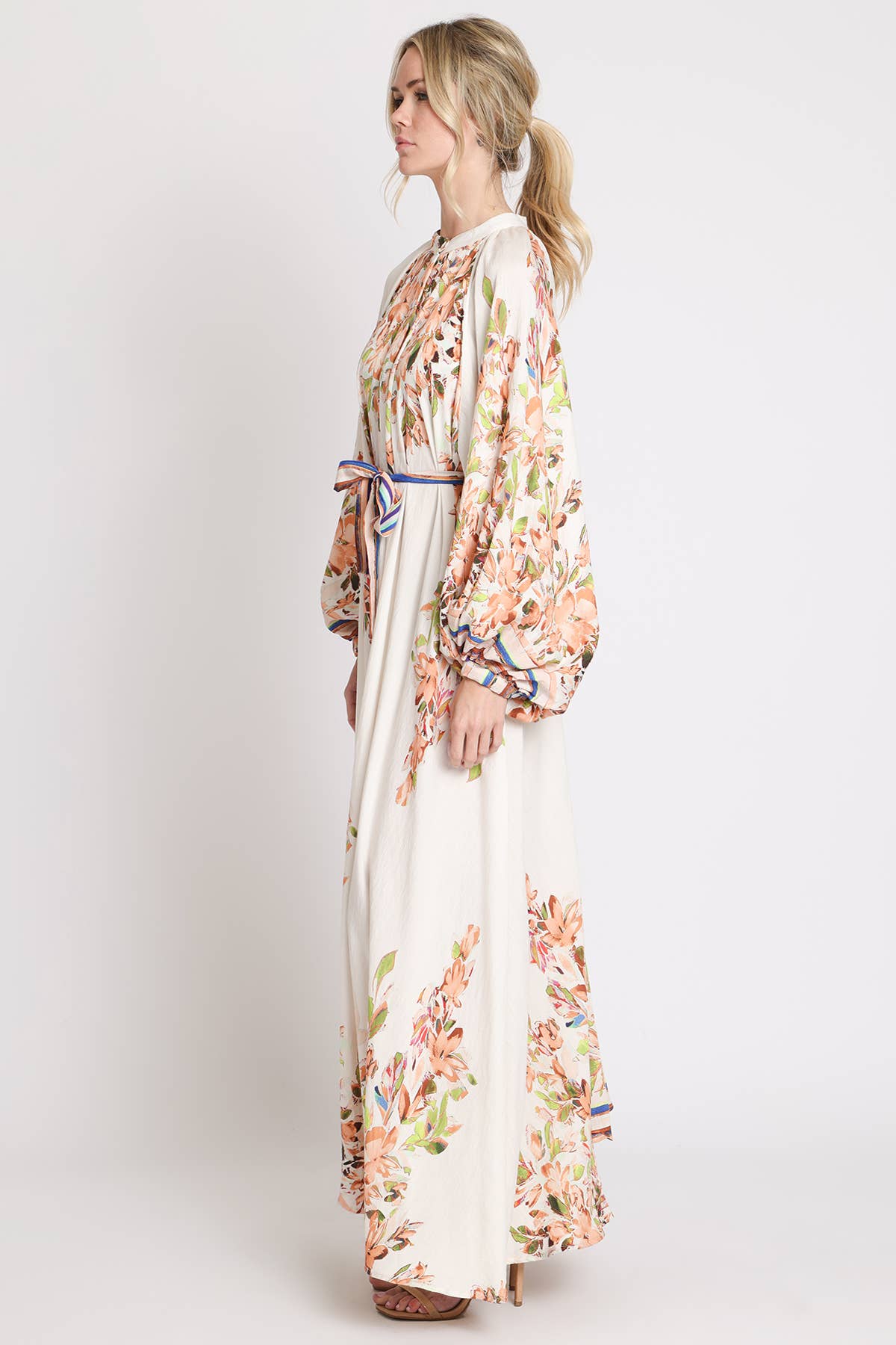 Floral Print Belted Puff Button Up Maxi Dress