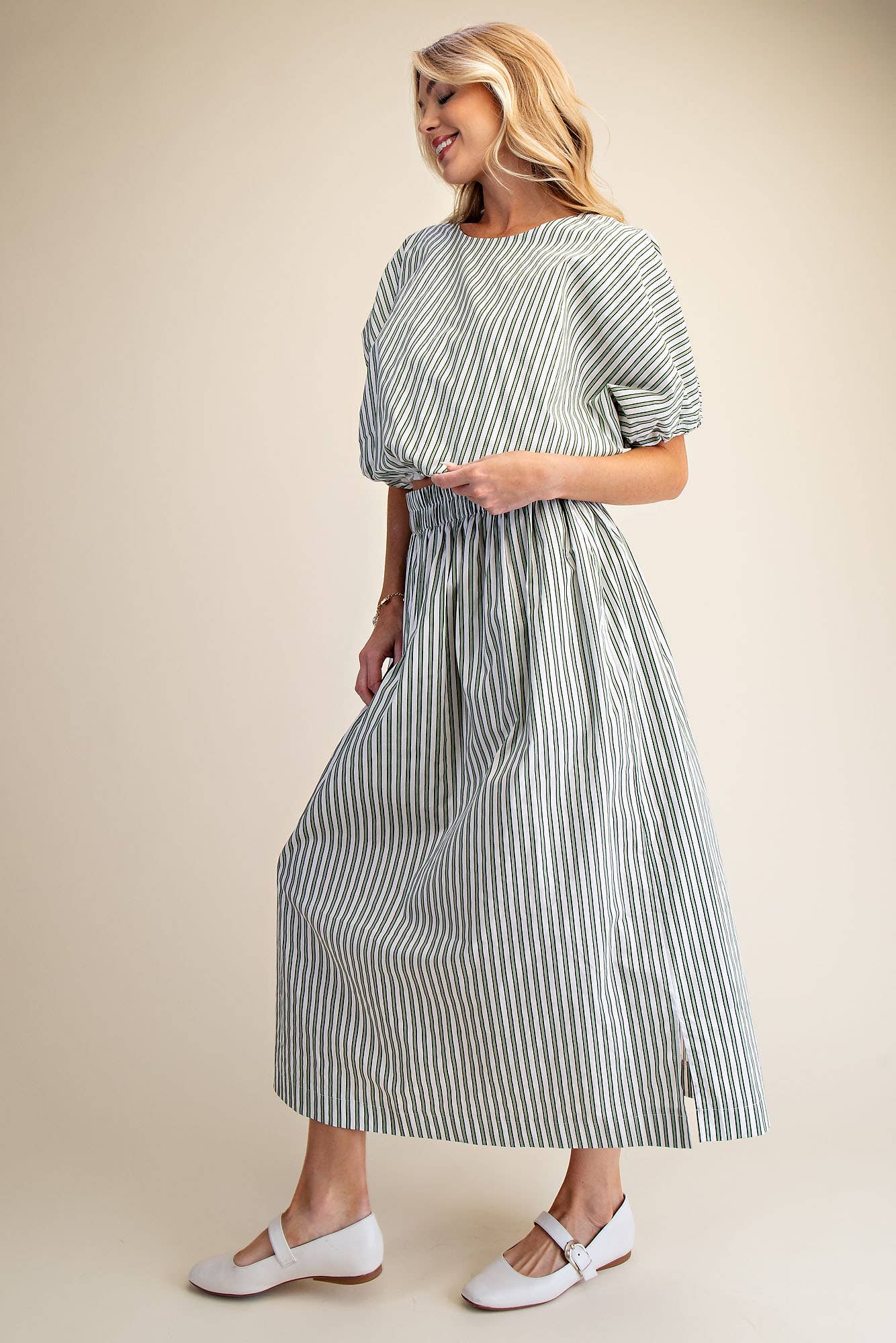 Round Neck Elastic Waist Balloon Crop Top