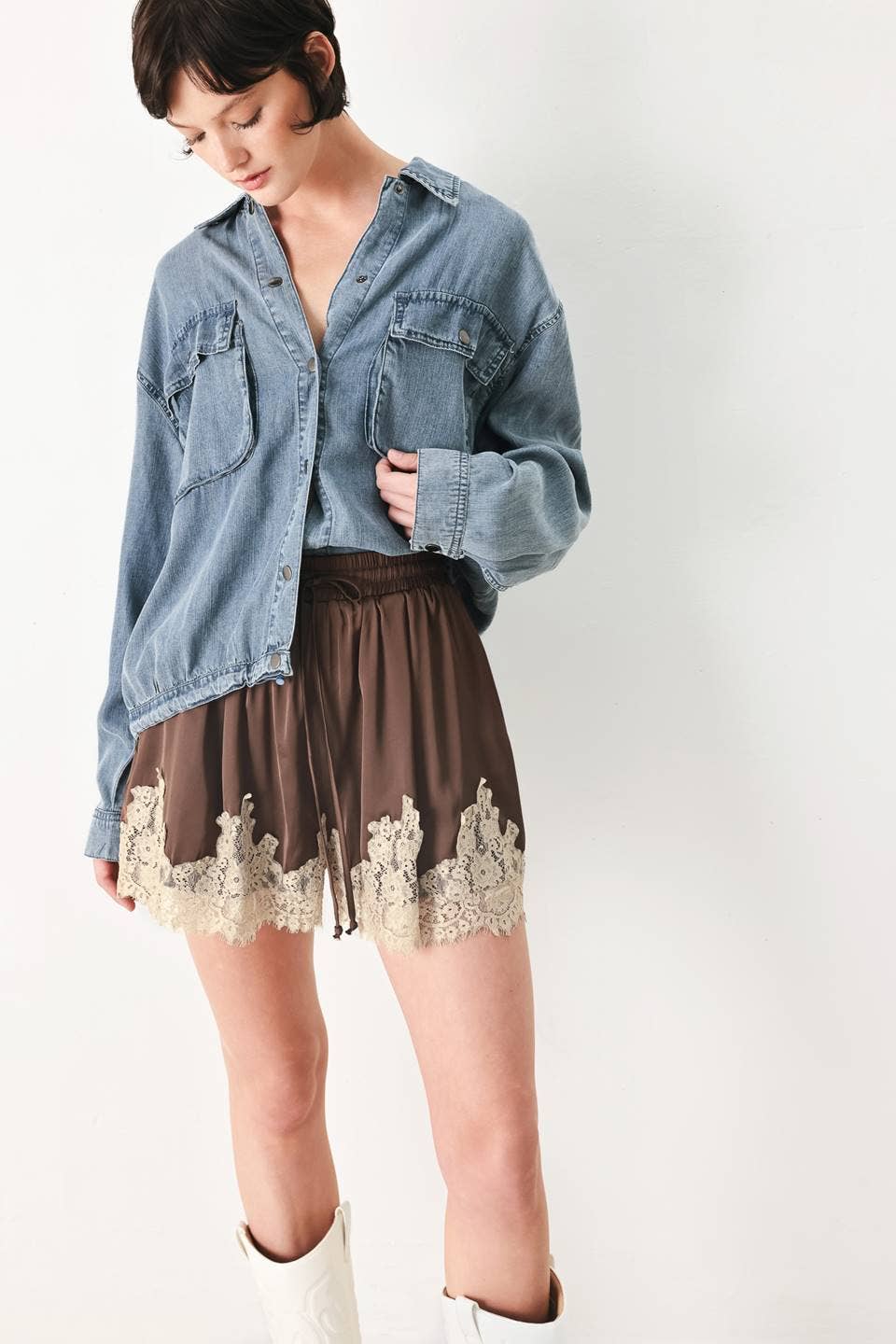 Brown Lace Satin Short