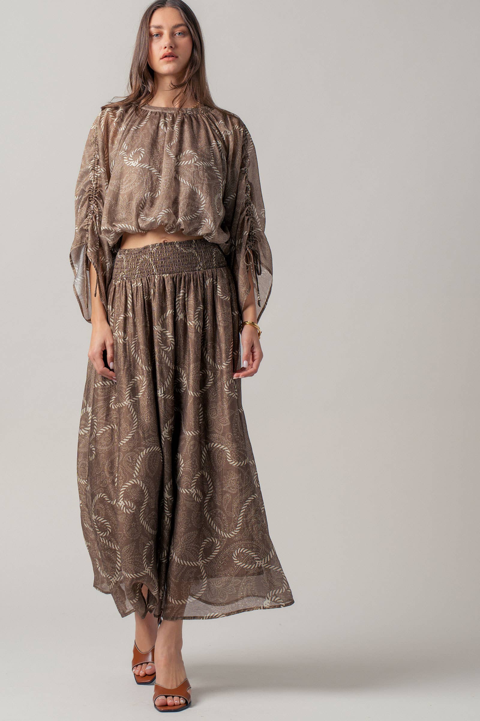 Rope Print Smocked Waist Maxi Skirt Linen Silk