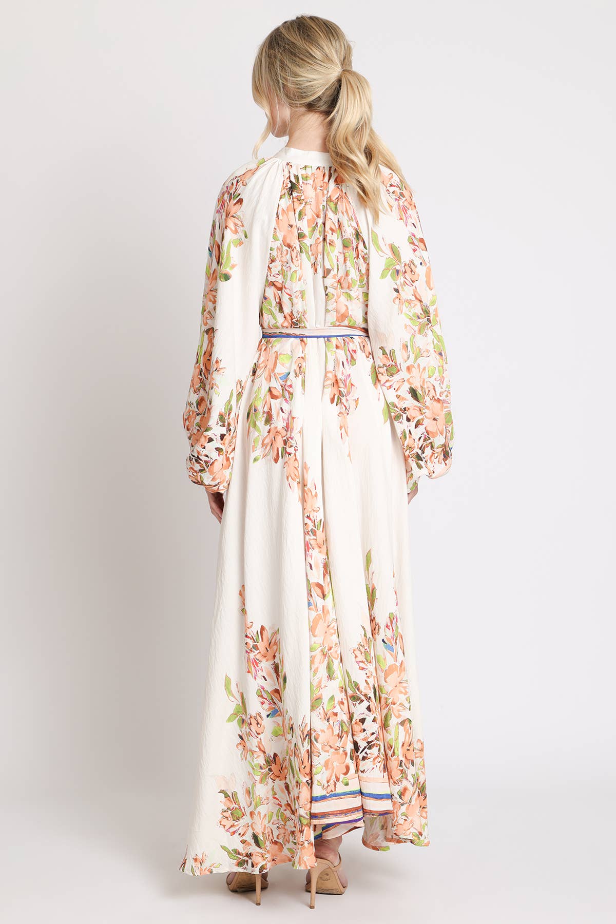 Floral Print Belted Puff Button Up Maxi Dress