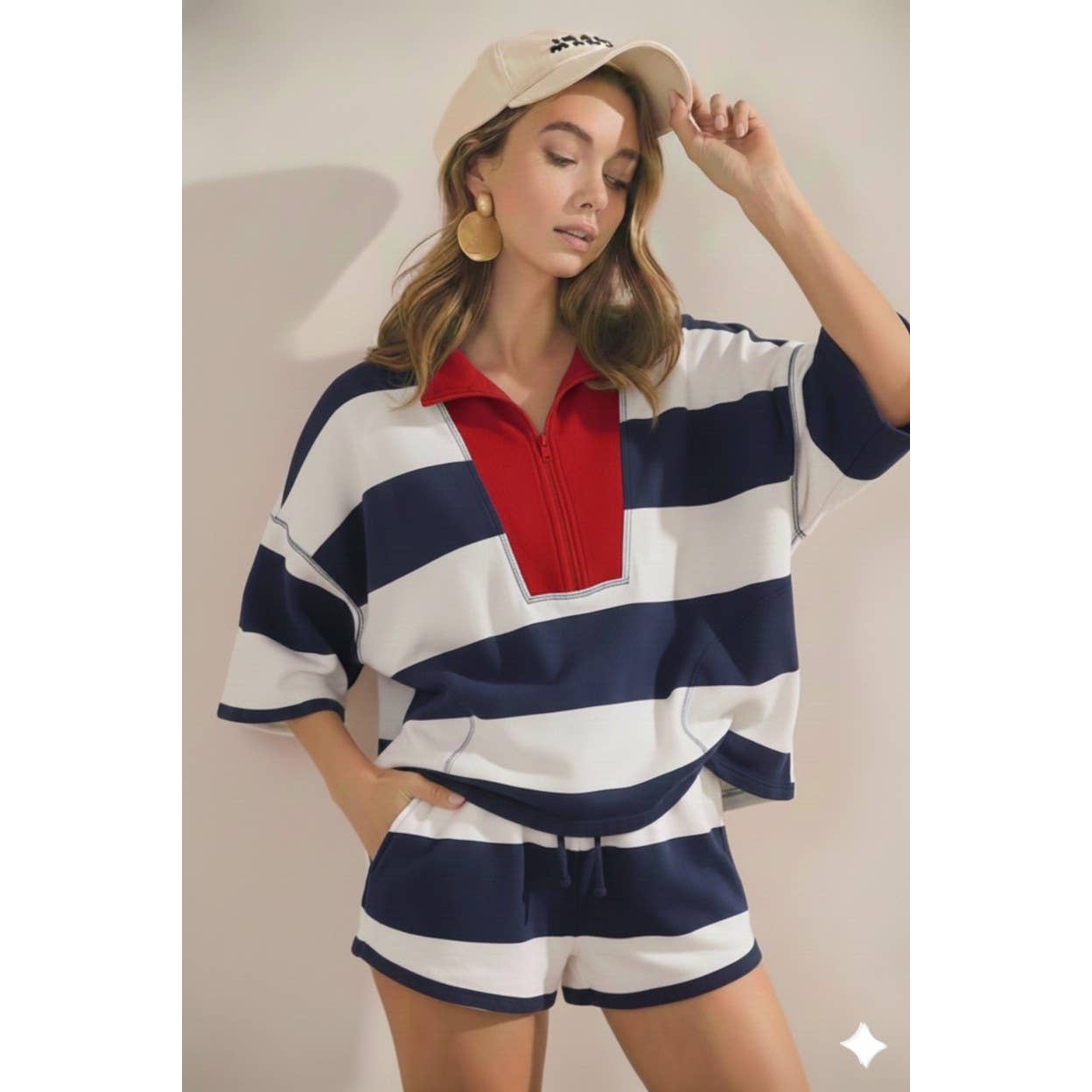 4th Of July Striped Top Front Zip Shorts Set