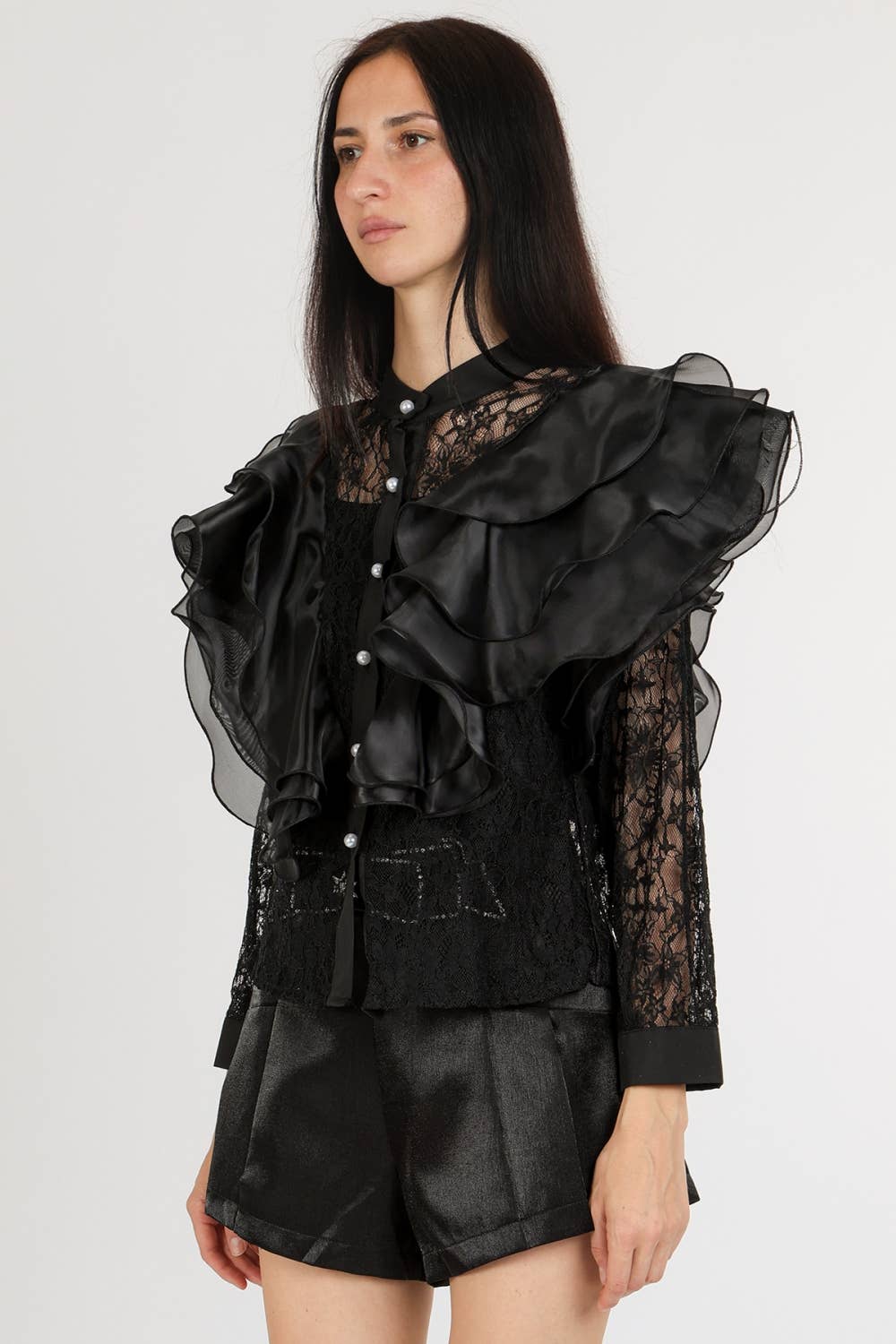 Tiered Ruffles Embroidered Mesh Blouse