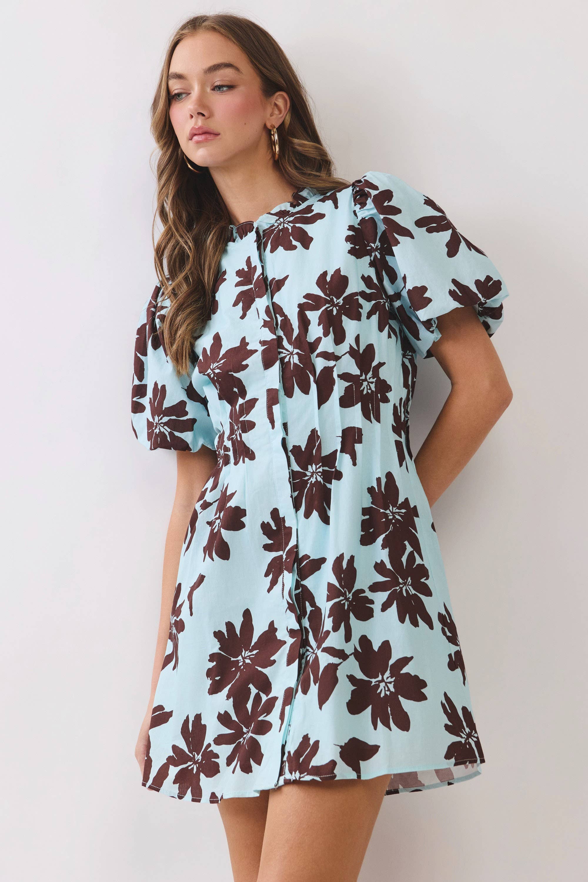 Floral Button Down Puff Sleeve Mini Dress