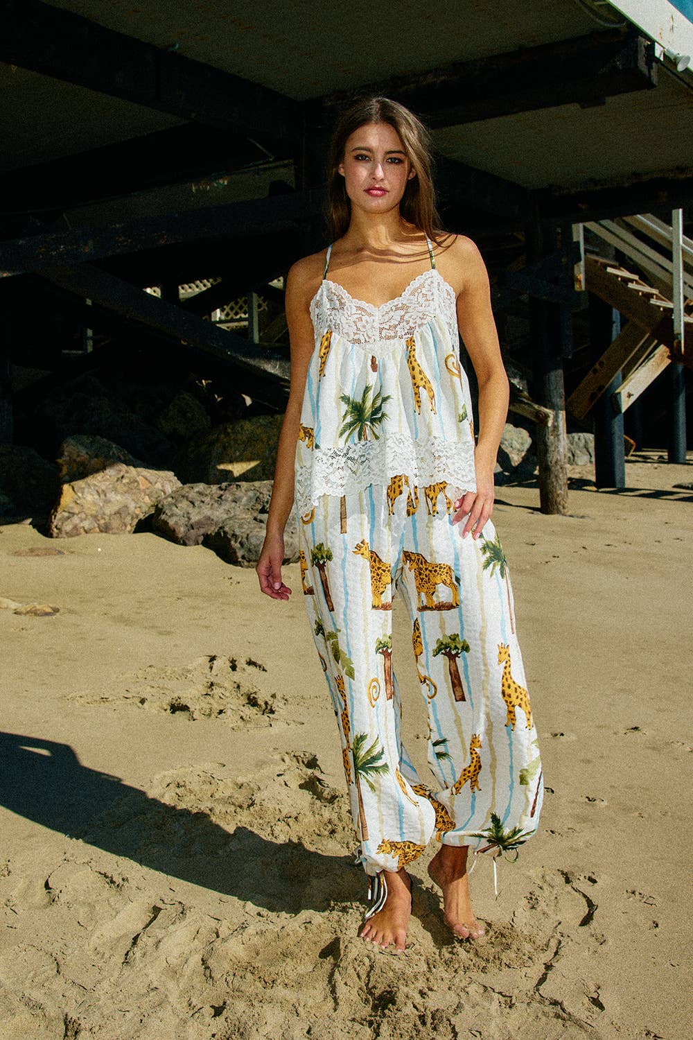 Tropical Print Lace Detail Top