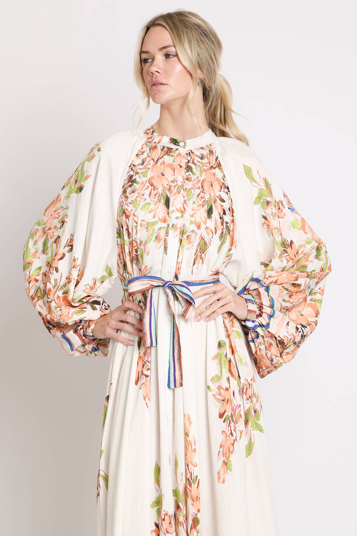 Floral Print Belted Puff Button Up Maxi Dress