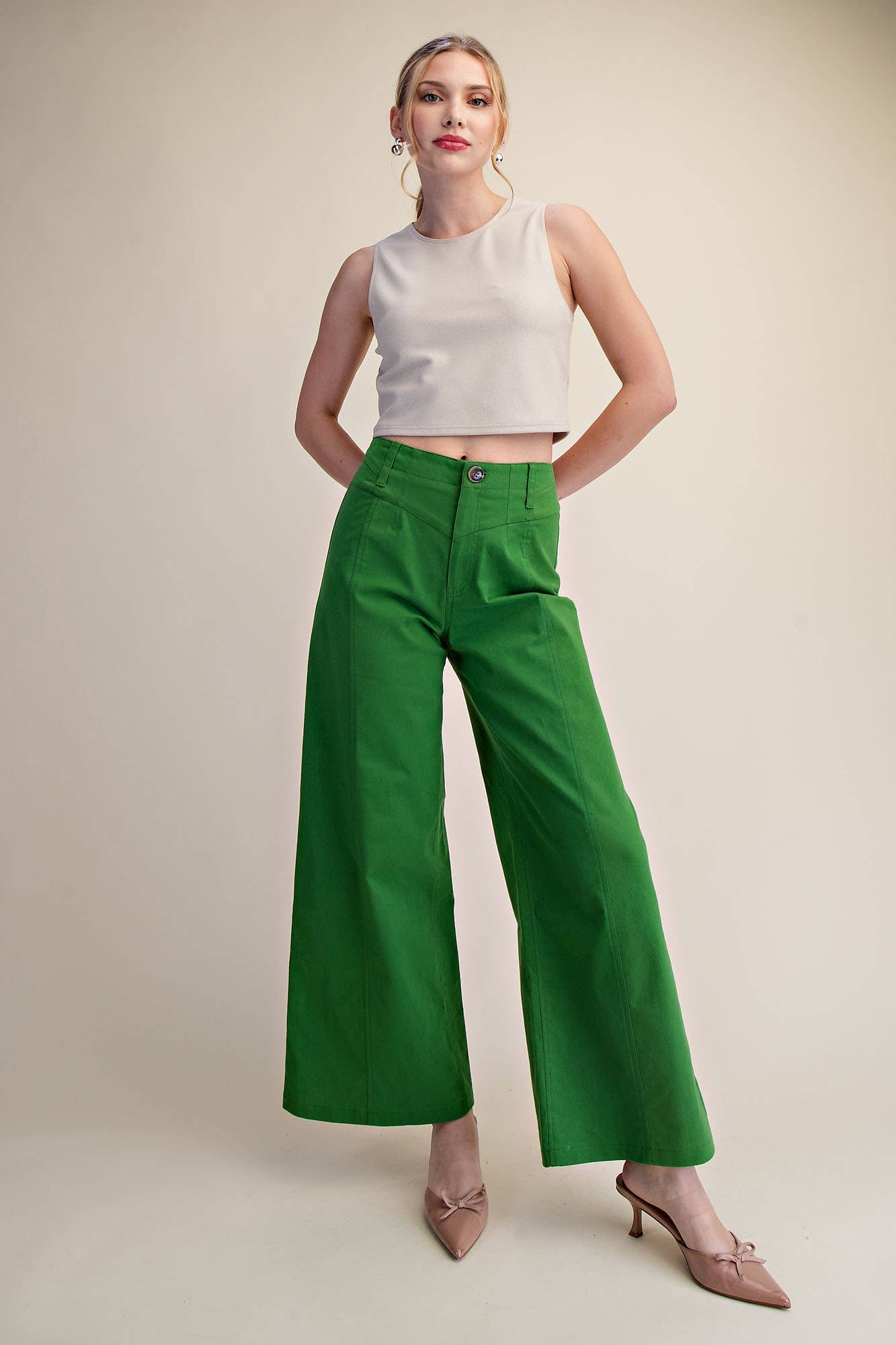 High Waist Front Yoke Seam Stretch Wide Leg Pants