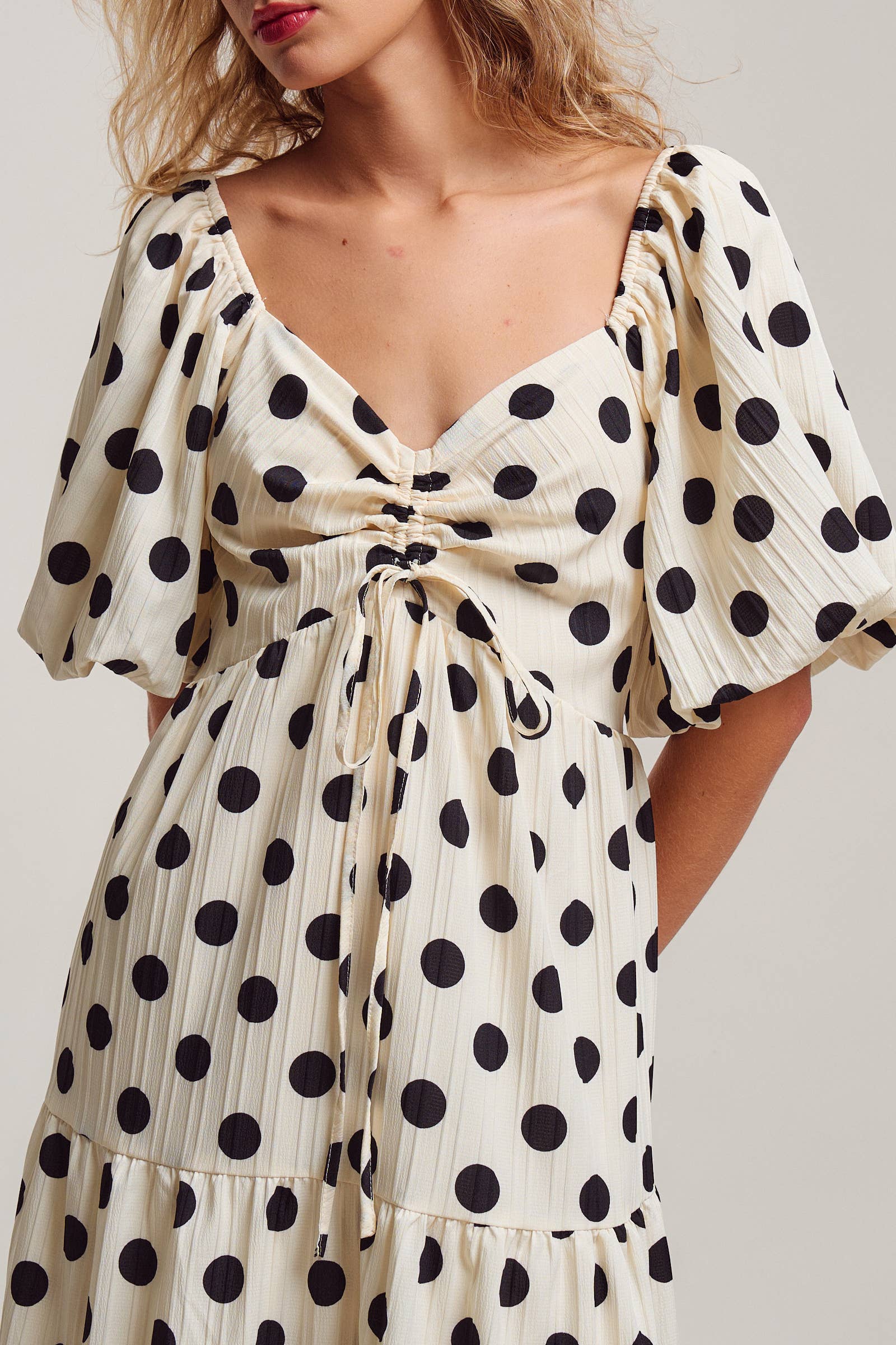 Textured Polka Dot Tie-Front Puff Sleeve Maxi Dress