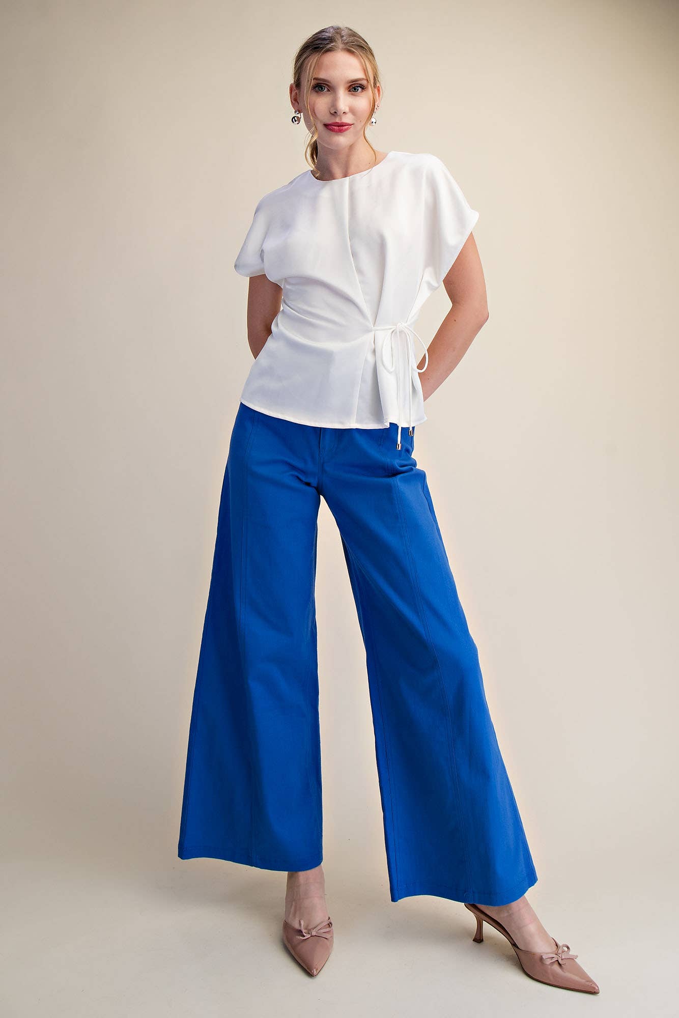 High Waist Front Yoke Seam Stretch Wide Leg Pants