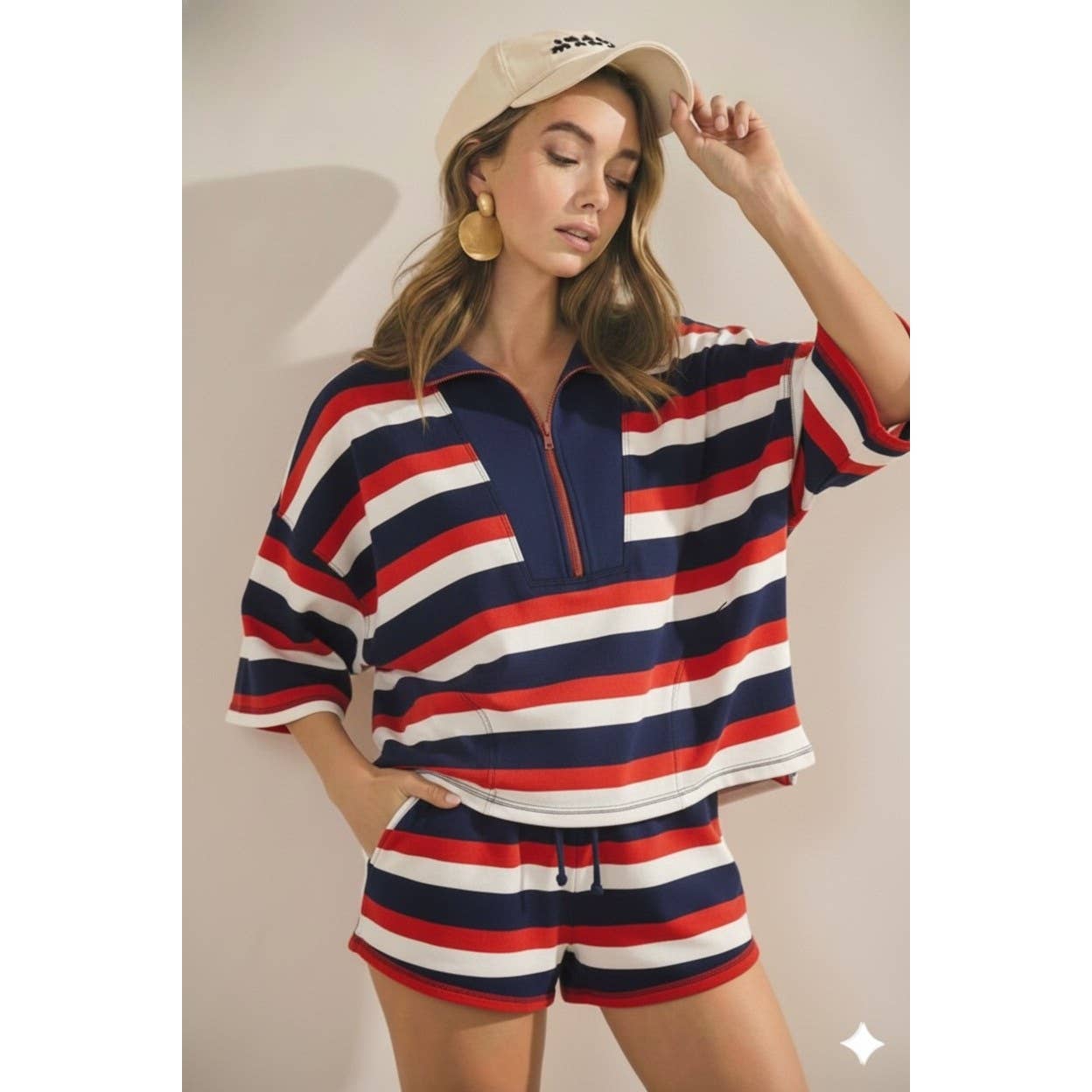 4th Of July Striped Top Front Zip Shorts Set