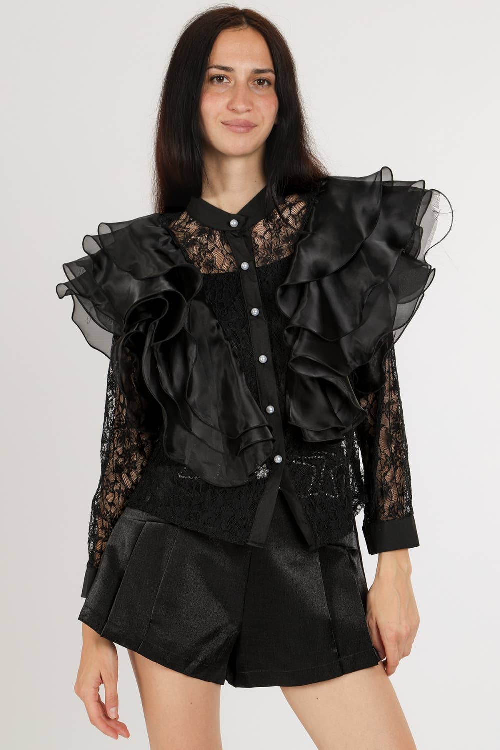 Tiered Ruffles Embroidered Mesh Blouse