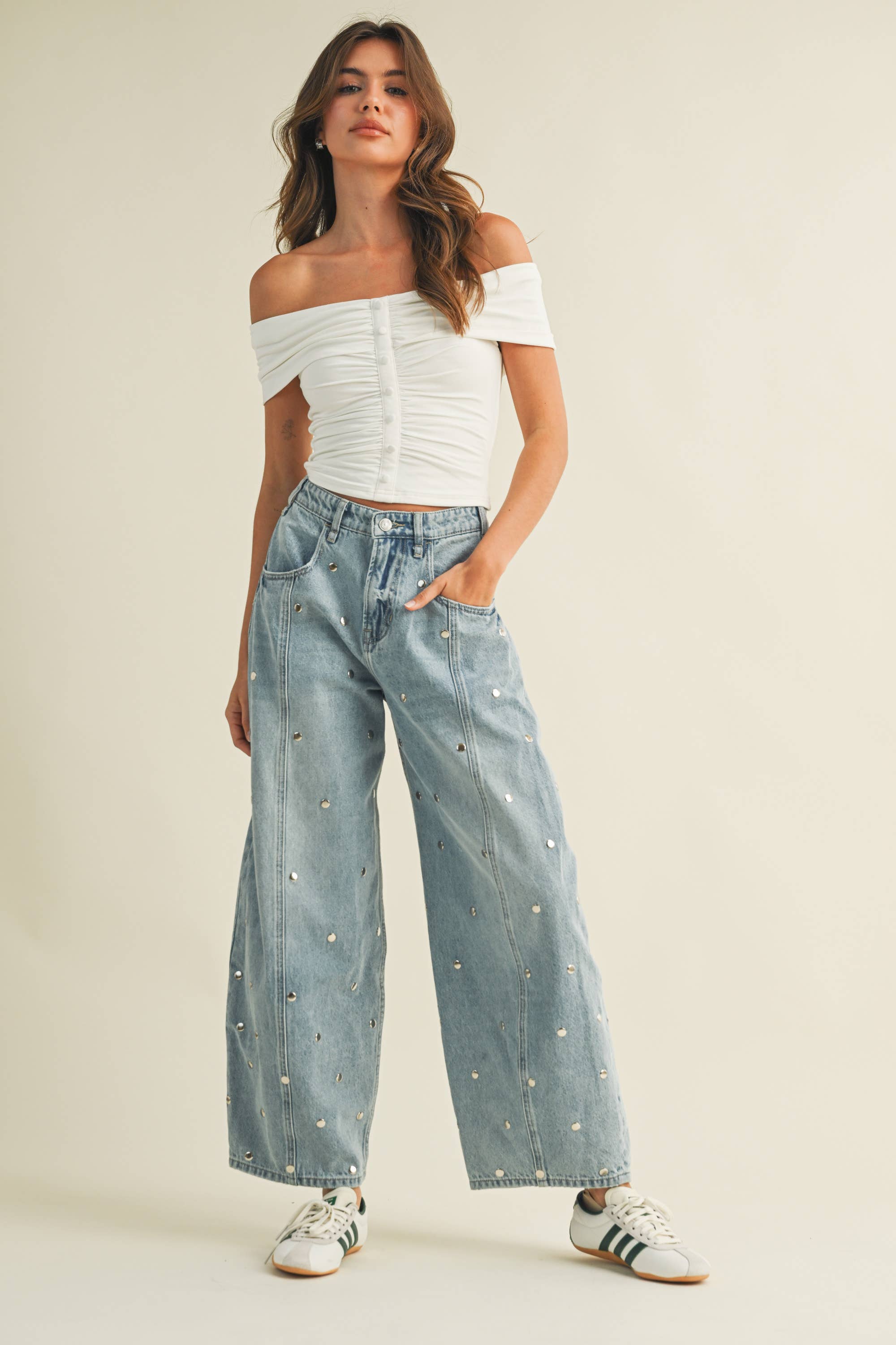 Studded Barrel Denim Pant