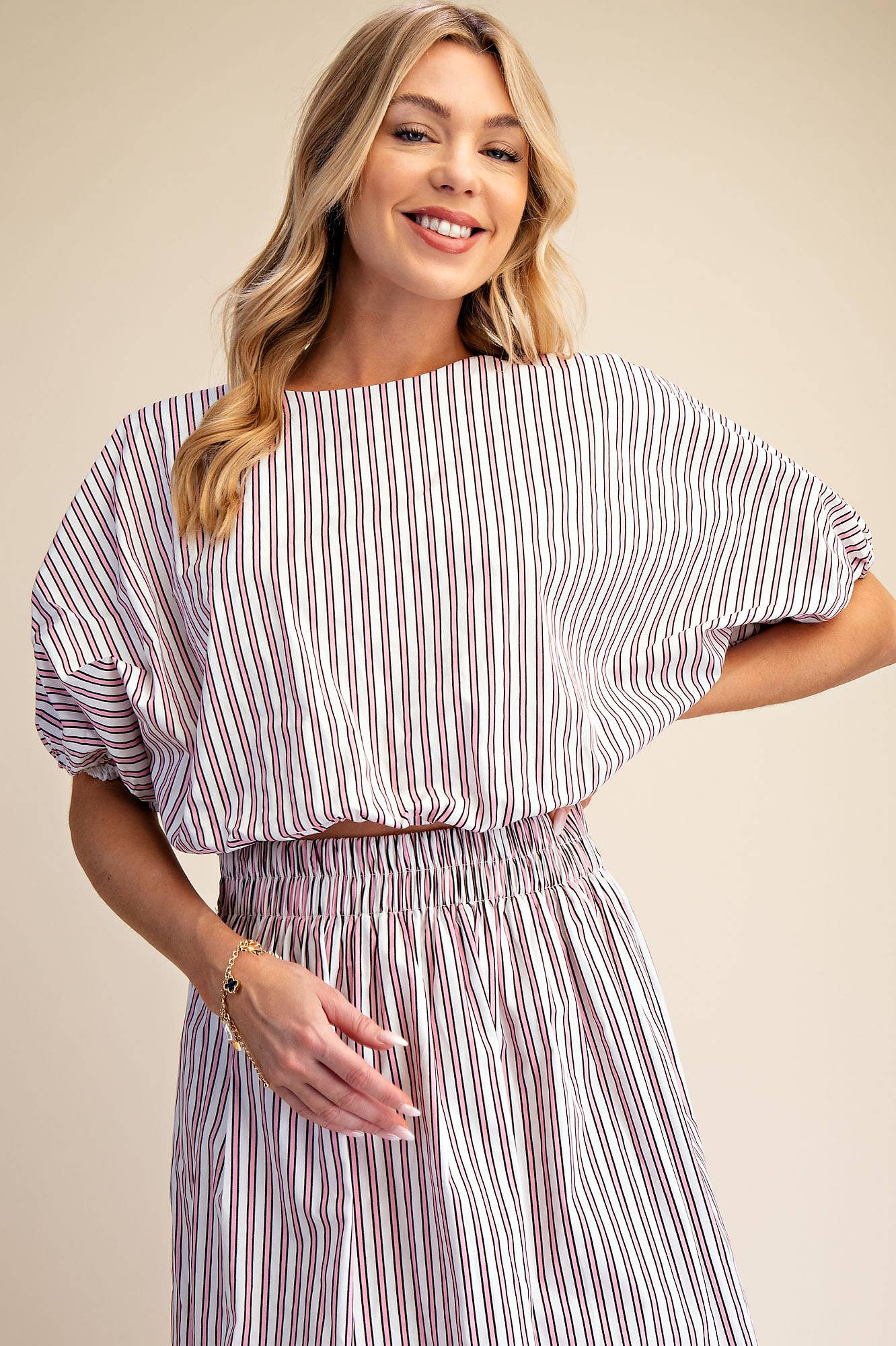 Round Neck Elastic Waist Balloon Crop Top