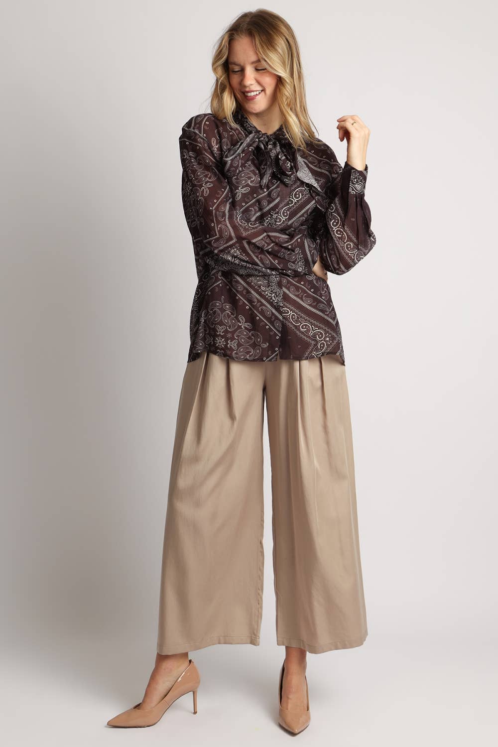 Paisley Allover Printed Bowtie Neck Blouse