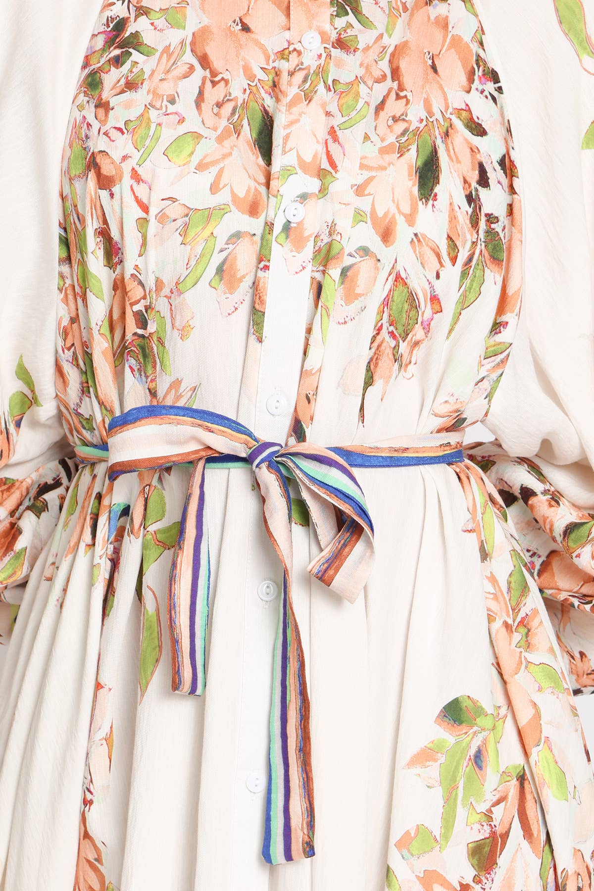 Floral Print Belted Puff Button Up Maxi Dress