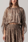 Rope Print Ruched Sleeve Blouse Linen Silk Blend
