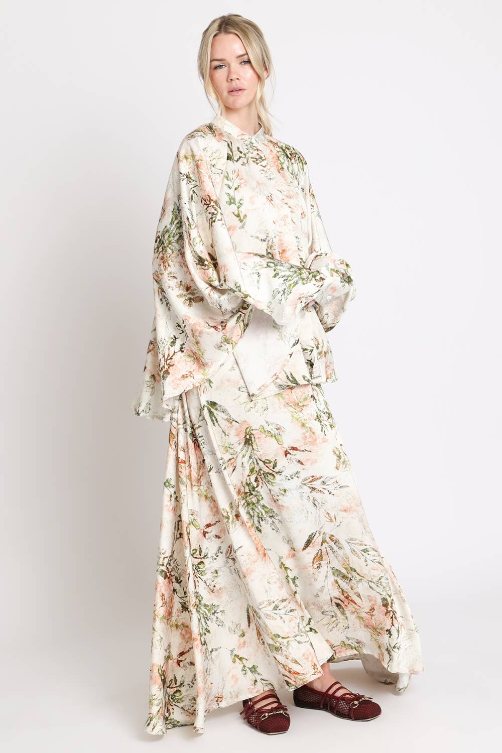 Watercolor Floral Printed Satin Tunic & Skirt Set